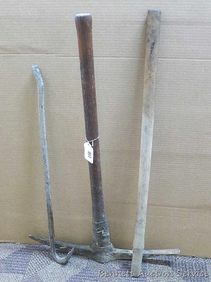 29" prybar, Klein Logan pickaxe, and an extra handle. 23" head of pick axe is tight, handle about 3'