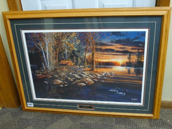 Nicely framed and matted, signed and numbered print by Jim Hansel is titled "Wake-Up Call". Measures