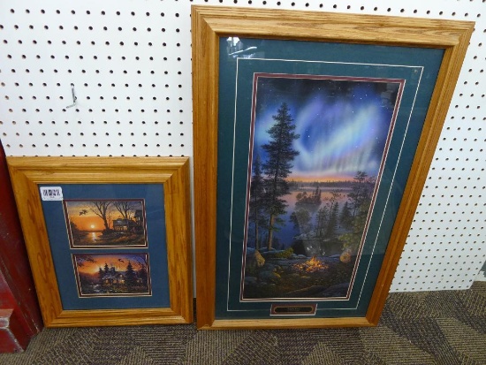 Two nicely framed and matted pieces include "Night Fire" by Kim Norlien. Larger about 19" x 30" over