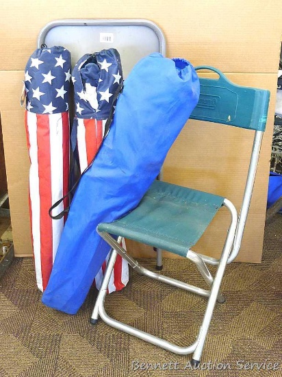 Three camping chairs, one folding chair one Coleman folding camping chair. Folding chair measures