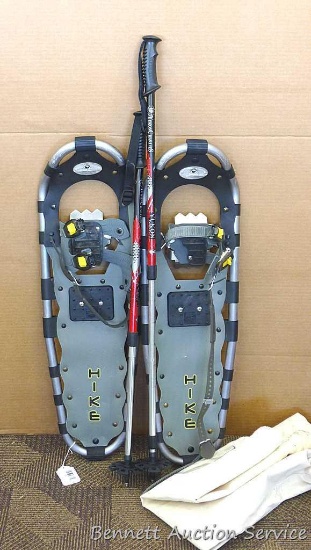 Yukon Hike 9" x 30" aluminum frame snow shoes with trekking poles. Poles measures approx.. 50" long