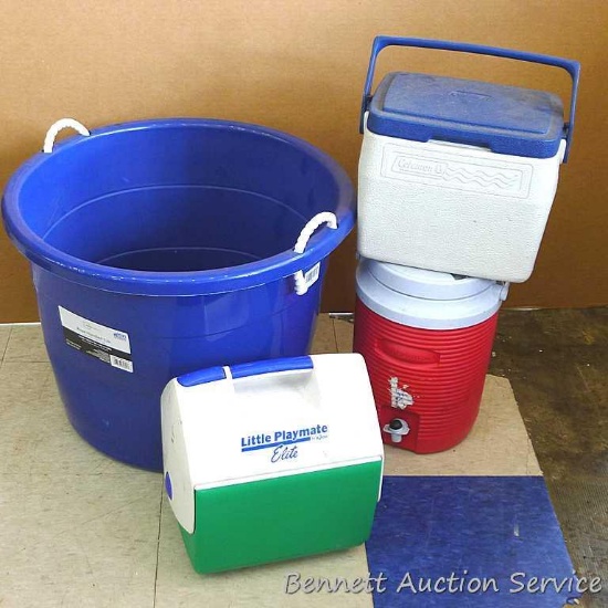 Large rubber maid tub, Coleman cooler, Rubbermaid drinking cooler, and igloo cooler. Tub measures