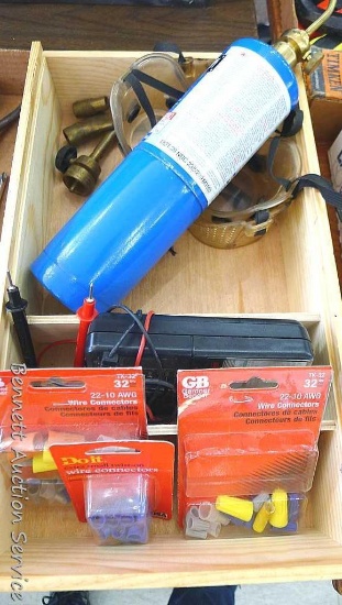 Will ship without LP. "Made in Texas" wooden box filled with wire connectors, GB Instruments