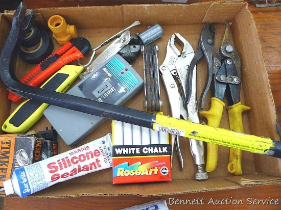 Box of assorted tools and other. Tin snips, Timken roller bearings. stud finder, pry bar, Keson