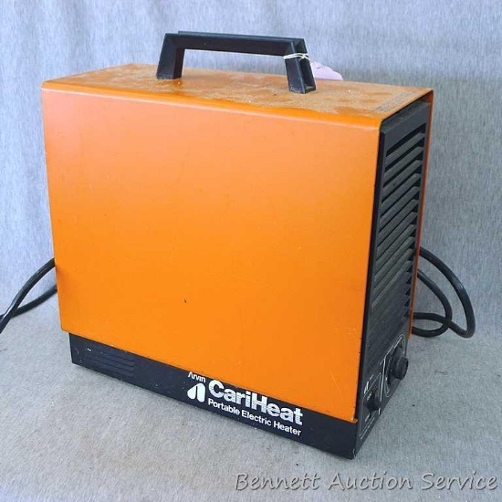 Arvin CariHeat portable electric heater warms up and is nice and quiet. Measures about 13" x 6-1/2"