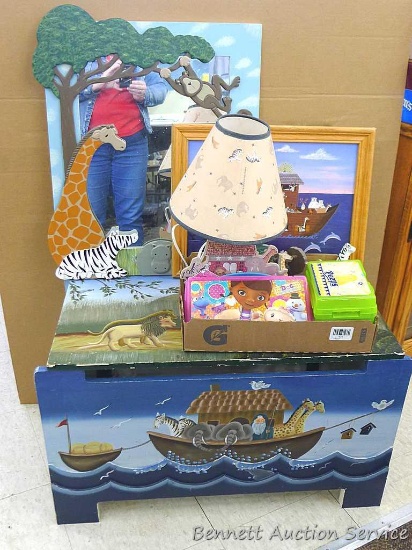 Noah's ark themed nursery decor 100 piece puzzle and art set. Toy chest, lamps, coat hooks, mirror,