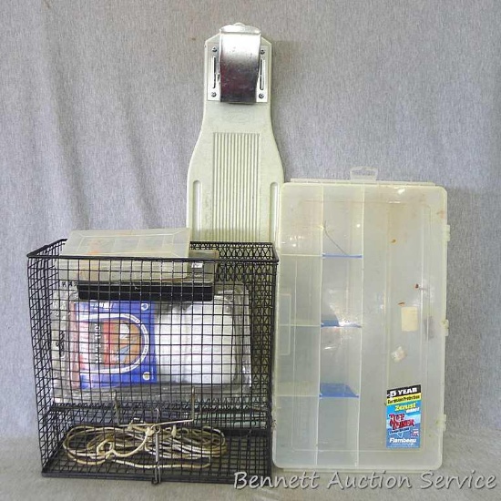 Assortment of fishing supplies. Anchor Line 1/4" x 100', minnow trap, organizer boxes with