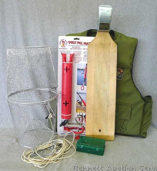 Useful array of fishing supplies. Minnow trap, Intruder fish filet board, pole pal mate, Stearns