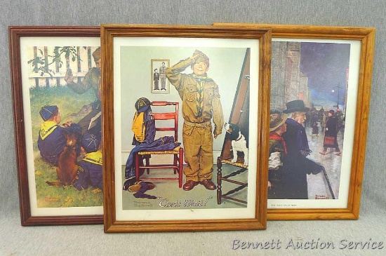 Three Norman Rockwell paintings two boy scout and one other. Prints measures approx.. 15" x 12".