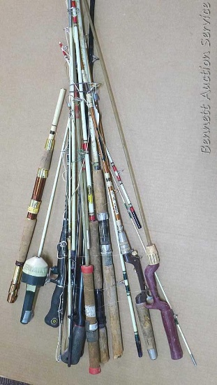 St. Croix, Abu Garcia, Shakespeare, and other fishing rods for parts or repair. Most two-piece, some