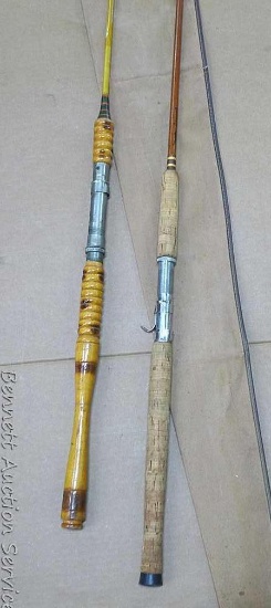 Musky Special and other two-piece fishing rods, longer is 69". Wooden and cork handles in good