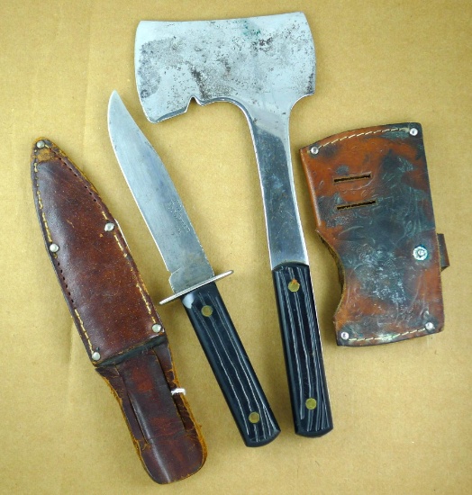 Utica Sportsman USA sheath knife and hatchet set. Knife is about 8-3/4" long overall. Top fitting is