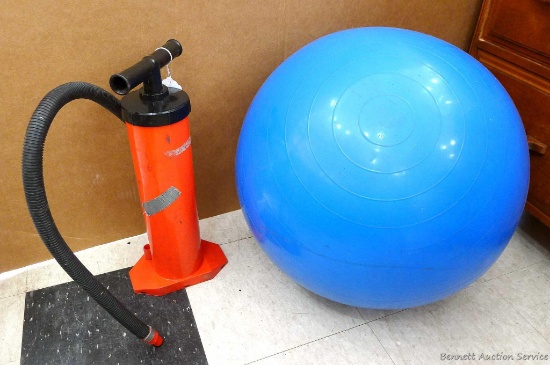Gymnic exercise ball is max 65 cm, Double Quick III high output air pump is about 19" high. Pump