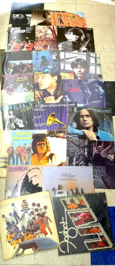 3" stack of records incl Denise Williams, The Doors, The B-52's, Bryan Adams, James Taylor, BoDeans,