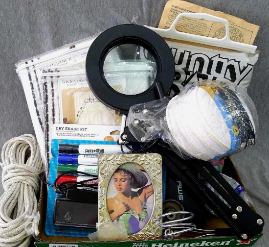 Lodge curtains, magnifier glass, dry erase markers, rope, braided rug kit, more. Curtains incl one