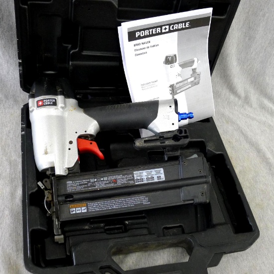 Porter Cable 2" eighteen gauge brad nailer with box, manual, and extra pneumatic plug port. Model