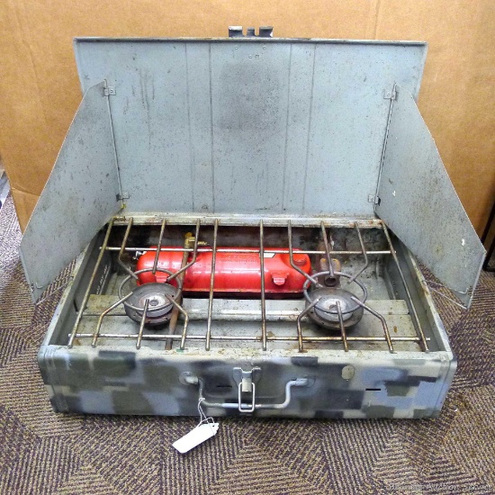 Coleman 413G two burner white gas, camp grill. Marked Wichita Kansas made in U.S.A. Metal has some