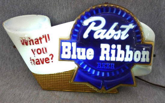 Vintage Pabst Blue Ribbon Beer light up sign. Very cool piece with some rusting on metal. Sign