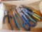Tins snips and other snips and pliers including a fencing plyer.