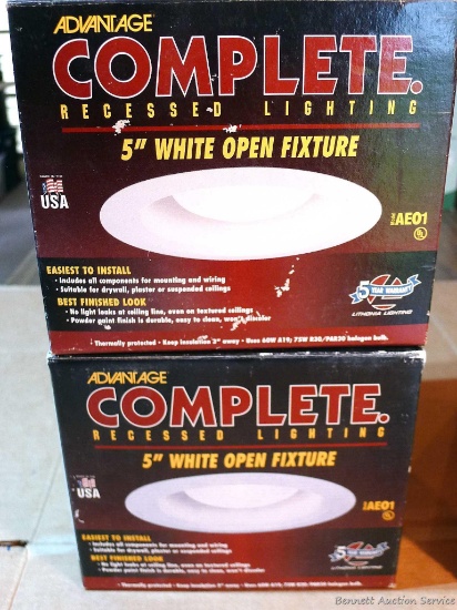 Two Advantage recessed light fixtures, 5" white open fixture; plus one other wall mount light