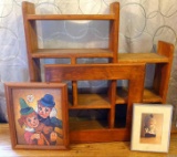 Wall shelf and 2 framed pictures of clowns and a wooden frame that fits 8 x 11 print.