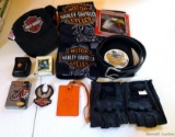 Harley Davidson motorcycle accessories including hat, towels, glass plaque; leather pouch, belt,