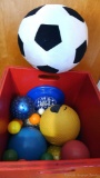 Rubber kickball; stuffed soft soccer ball; frisbee, ping pong and other balls. Soccer ball is