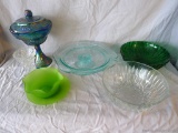 Footed blue carnival glass candy dish with lid stands approx. 10