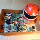 Children's plastic PowerRangers mask, plus action figures and accessories.