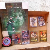 Four NFL football cards; signed Kathie Lee Gifford Giants baseball card; canvas hockey print, more.