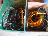 Shamrock Foods plastic crate, nice long extension cord, surge protectors and other cords; extension