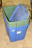 Three 18 gallon Rubbermaid totes with lids.