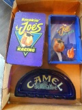 Camel tin with matchbooks and 2 ash trays; larger ash tray measures 7-1/2