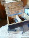 Two old wooden storage boxes with misc. electrical stuff.