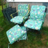 Two outdoor swivel rockers, 2 folding lawn chairs and 4 cushions; rockers measure 24