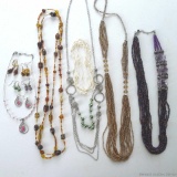 Beaded necklaces with matching earrings, pink and silver set is Lia Sophia; amber colored necklace