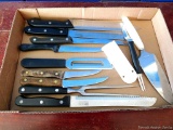 Pampered Chef cheese knife w/ protective sleeve & grapefruit knife and other stainless steel knives;