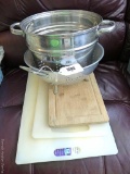 Cutting boards, stainless steel pasta/veggie colander/steamer for a stock pot and colander;