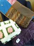 Hand made throws include 2 crocheted and another quilted; purple throw measures 76