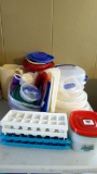 Rubbermaid, Glad and other plastic containers including pitchers, large strainer and veggie dish and