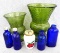 Vintage shaker bottle with strawberry graphics, pair of green glass vases up to 10