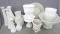 White glass pieces incl vases, platter, planters, candy dishes. Platter about 10