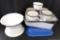 Enamel ware dishes, incl cups, large bowls, pans, and more. Would be great for display or use. Some