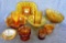 Delightful assortment of Depression and other amber glass, seller notes 8'' square plate is Beaded