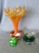 Blown art glass vase, art glass dish with applied handle and ground foot bottom, with adorable glass