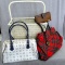 Wicker magazine rack holds a Liz Claiborne wallet, stylin' Dooney & Bourke Inc. bag, and another