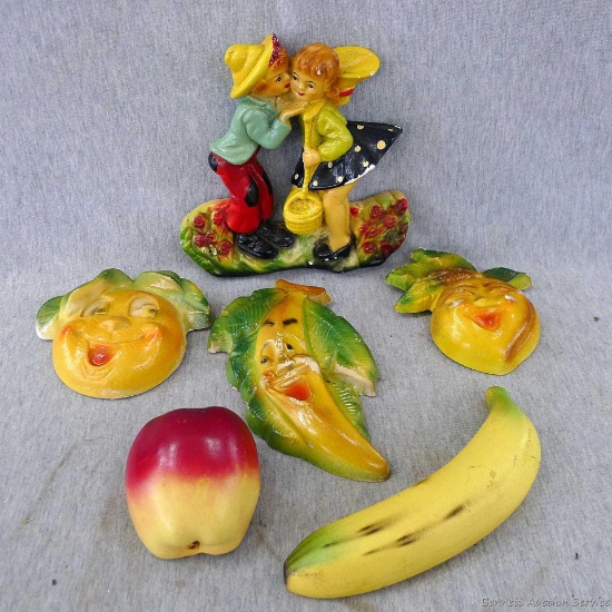 Six fun chalkware wall hangings are in overall good condition, largest about 7" x 7".