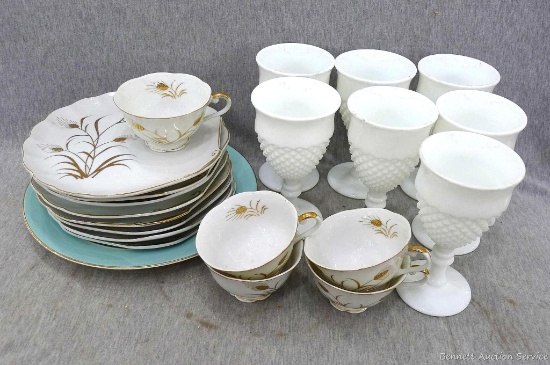 Wheat patterned Lefton China luncheon sets, seven 6-1/4" tall white glass goblets, 10" wide plate.