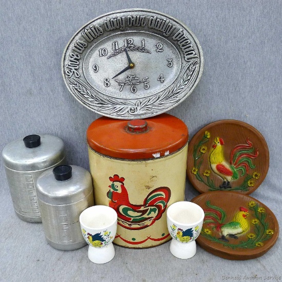 Chicken canister, 7-1/2" rooster wall hangings, retro tea and coffee canisters that match the set in