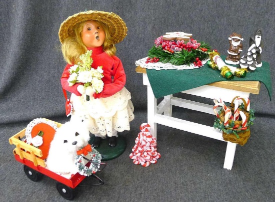 Byers' Choice The Carolers 2015 Valentine Girl figurine, Byers; Choice Valentine wagon with dog,